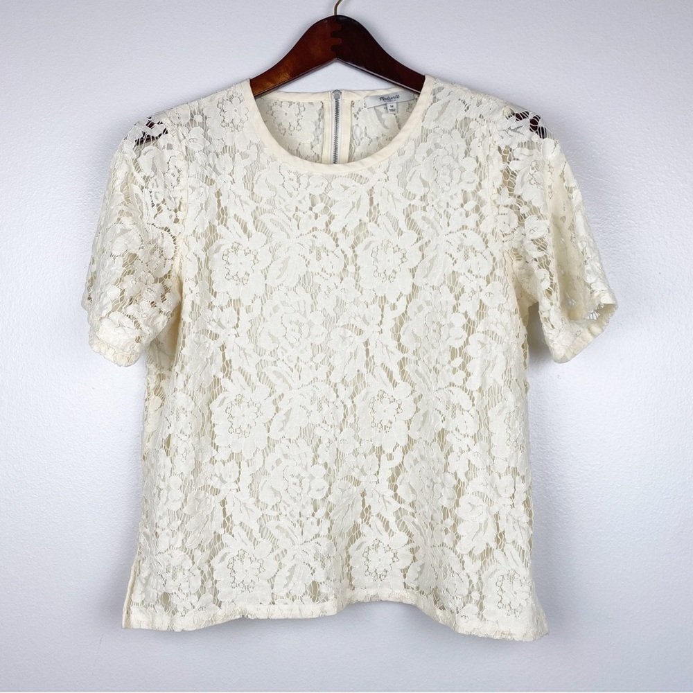 Madewell Cream Floral Lace Refined Short Sleeve Blouse Size M
